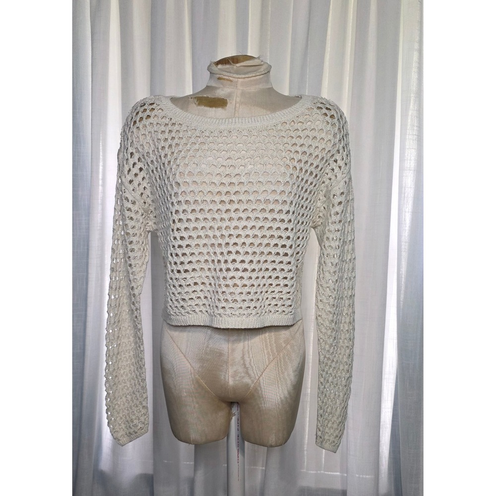 Aerie Womens S Cream‎ Crochet Open Knit Cropped Sweater Gold Metallic Sparkle